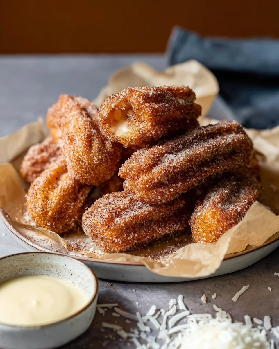 A pile of Easy Baked Churro Bites coated in cinnamon sugar, with a creamy filling visible in one bite.