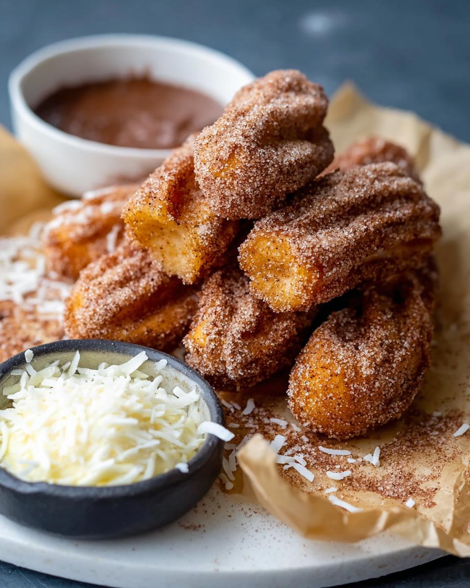 A pile of golden Easy Baked Churro Bites coated in cinnamon sugar, served with a side of chocolate dipping sauce.