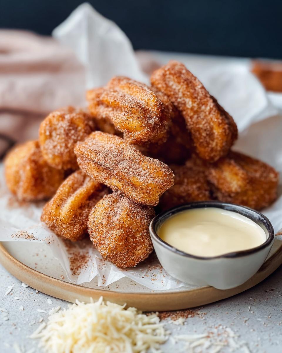 A close-up of a pile of golden brown Easy Baked Churro Bites, coated in cinnamon sugar, served with a small bowl of creamy dip.