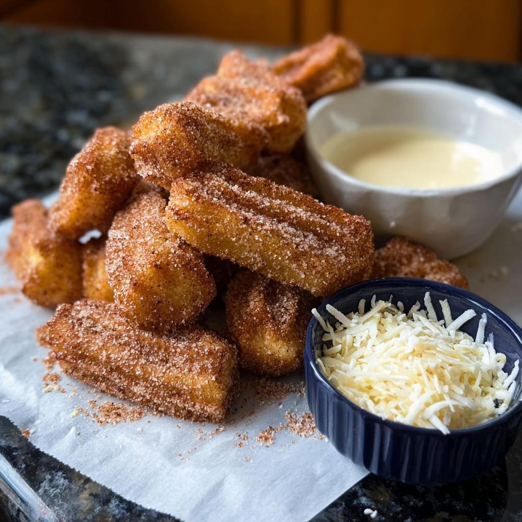 A delicious pile of Easy Baked Churro Bites coated in cinnamon sugar, served with a creamy dip and shredded cheese.
