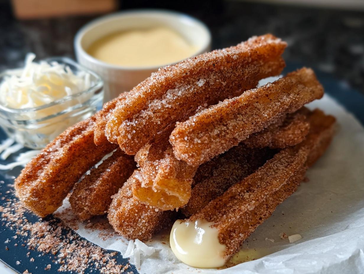 A pile of golden Easy Baked Churro Bites coated in cinnamon sugar, served with a dipping sauce.