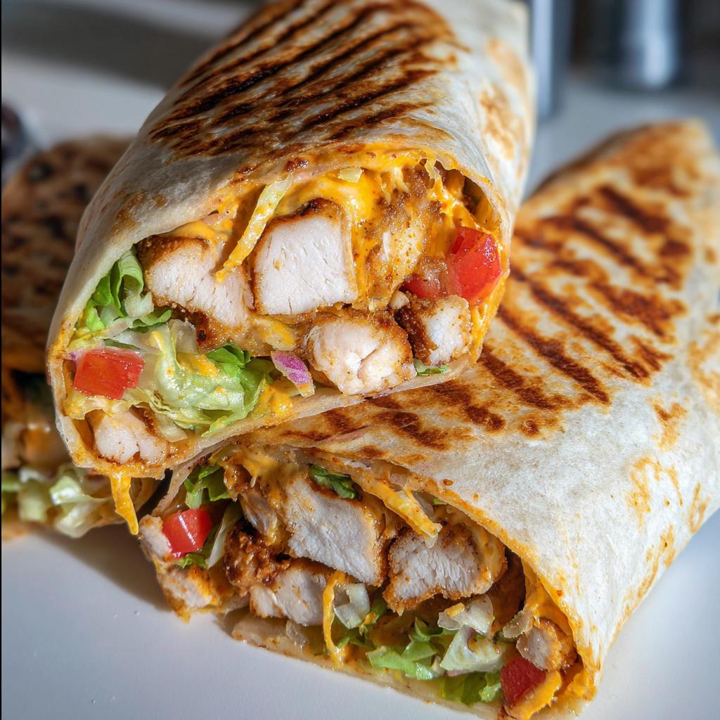 A delicious Easy Chipotle Ranch Grilled Chicken Burrito, cut in half, showing grilled chicken, cheese, lettuce, and tomatoes.