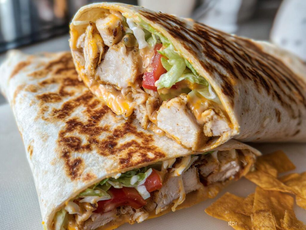 Close-up of an Easy Chipotle Ranch Grilled Chicken Burrito cut in half, revealing seasoned chicken, cheese, lettuce, and tomato.