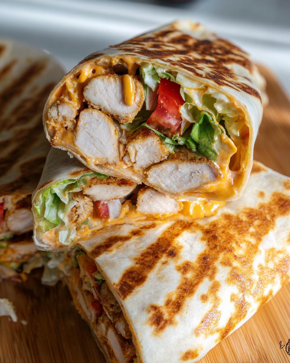 A close-up of a halved Easy Chipotle Ranch Grilled Chicken Burrito, showing tender chicken, crisp lettuce, tomatoes, and creamy chipotle ranch sauce.