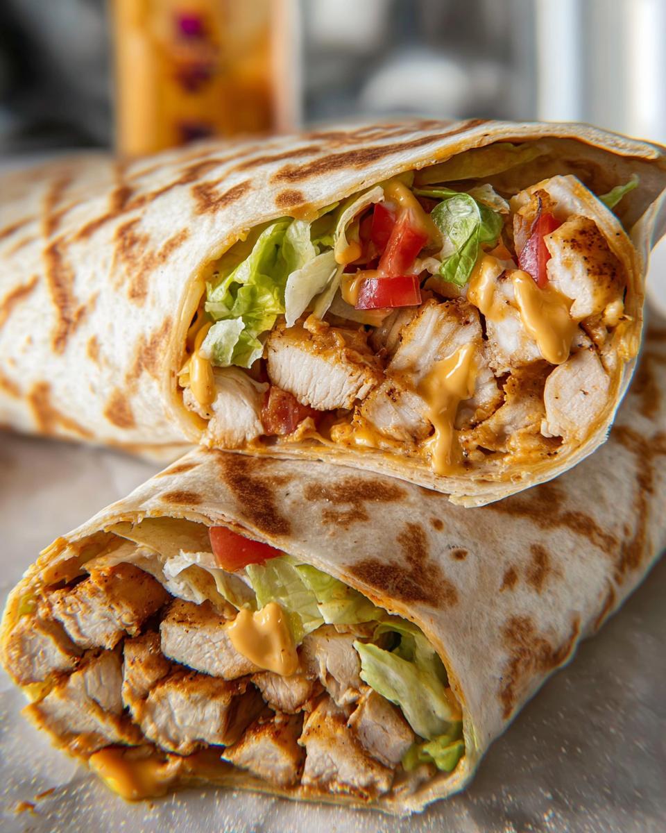 A close-up of an Easy Chipotle Ranch Grilled Chicken Burrito, sliced in half to reveal grilled chicken, lettuce, tomatoes, and chipotle ranch sauce.