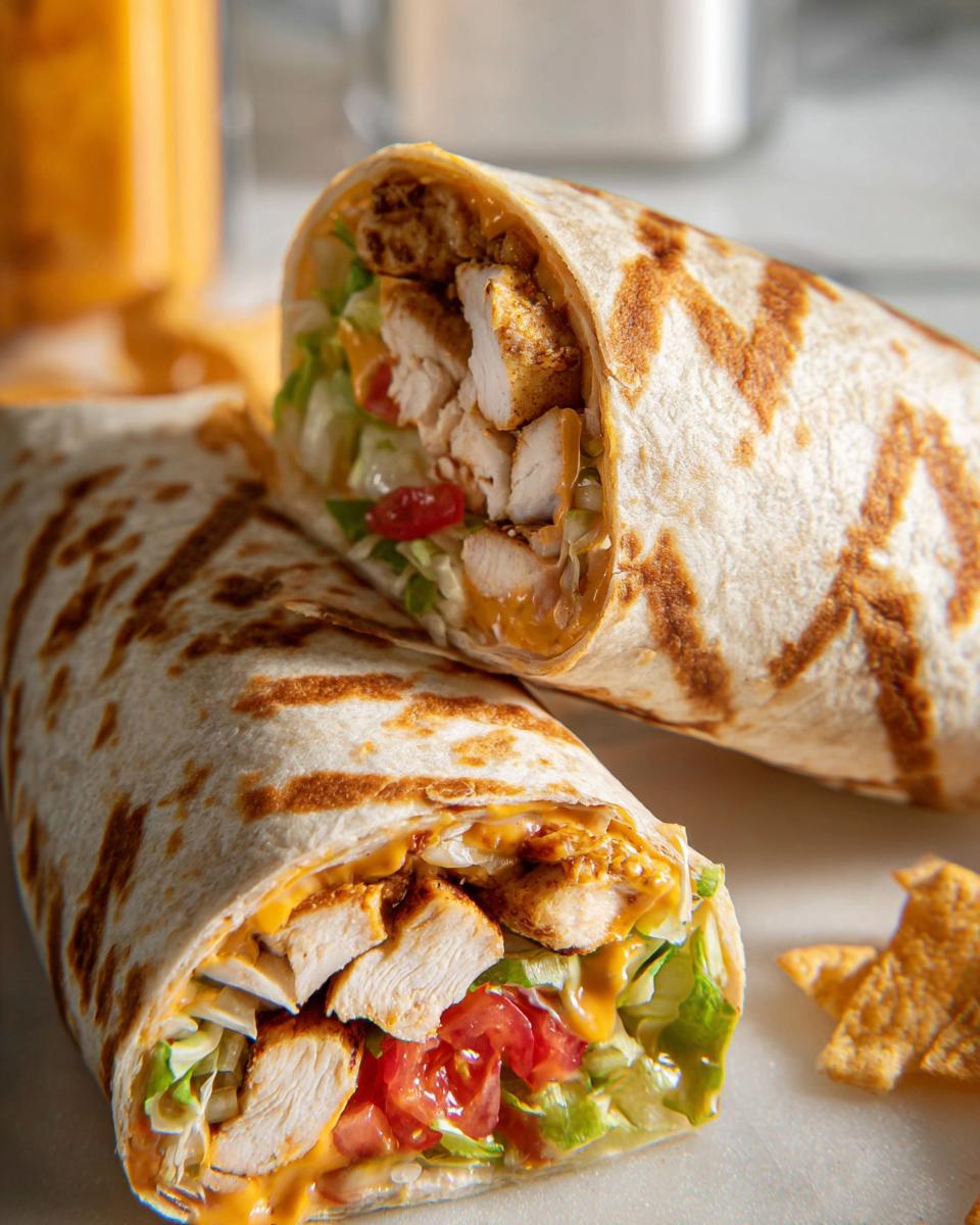 Close-up of a sliced Easy Chipotle Ranch Grilled Chicken Burrito filled with chicken, lettuce, and tomatoes.
