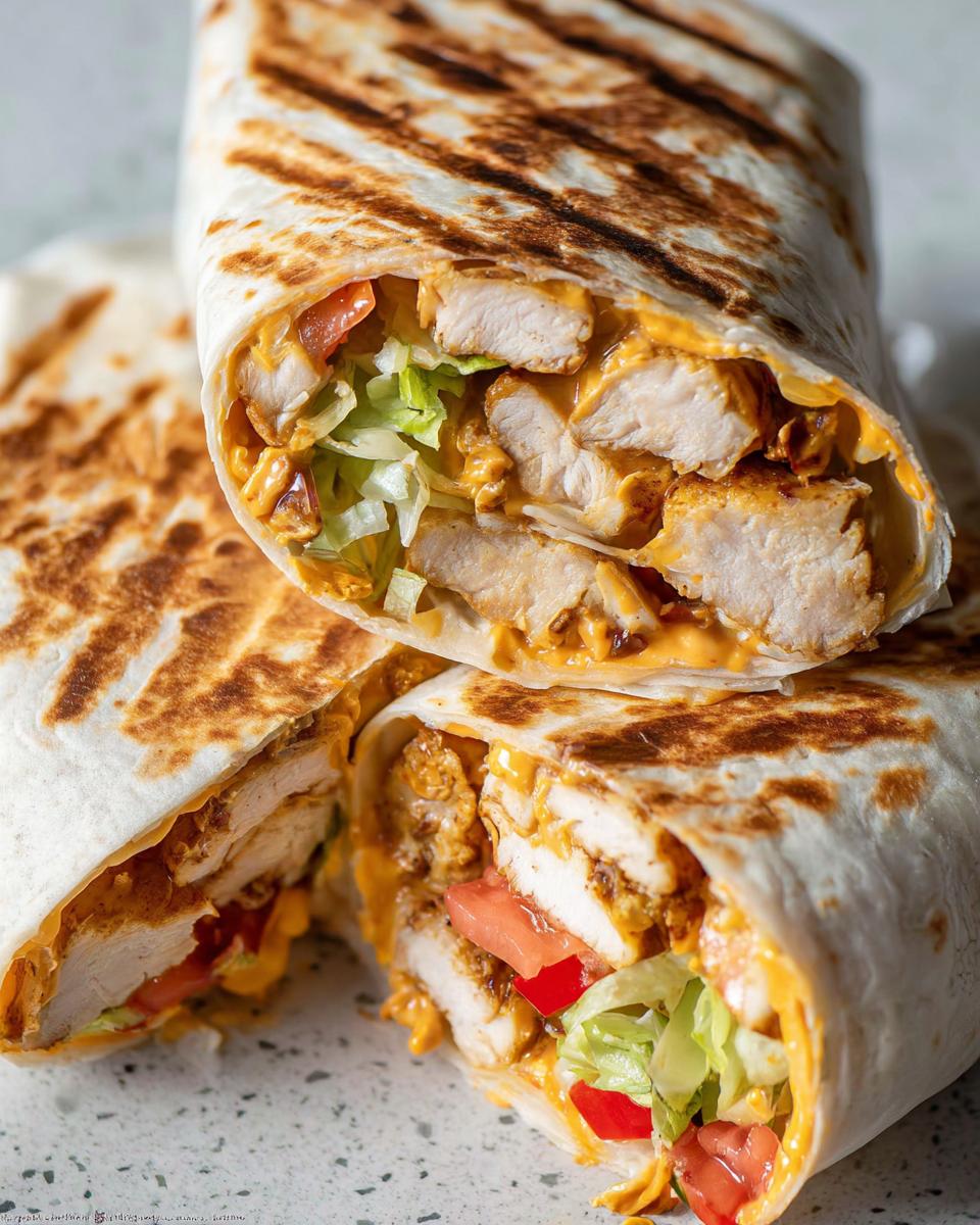 Close-up of an Easy Chipotle Ranch Grilled Chicken Burrito cut in half, showing grilled chicken, lettuce, and tomato.