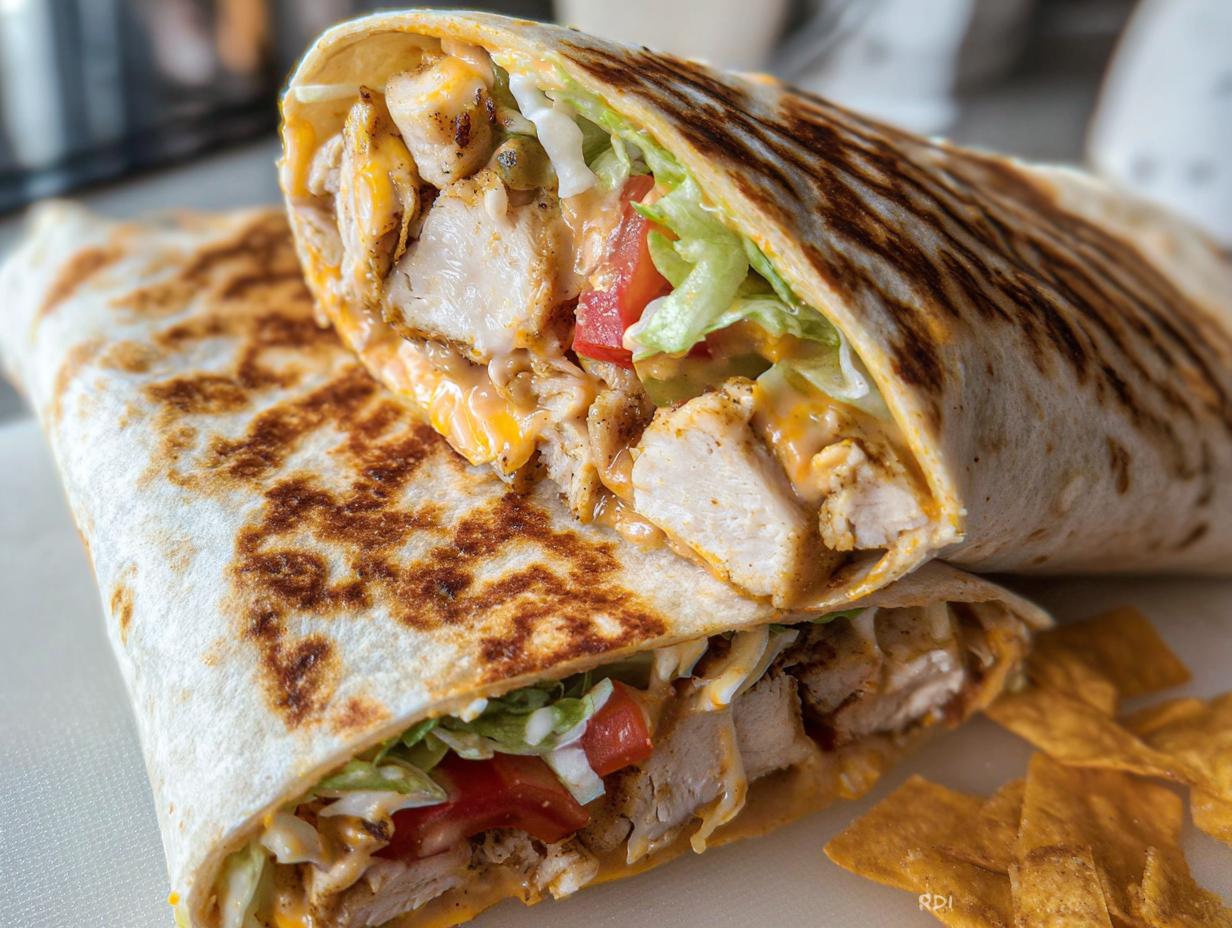 Close-up of an Easy Chipotle Ranch Grilled Chicken Burrito cut in half, revealing seasoned chicken, cheese, lettuce, and tomato.