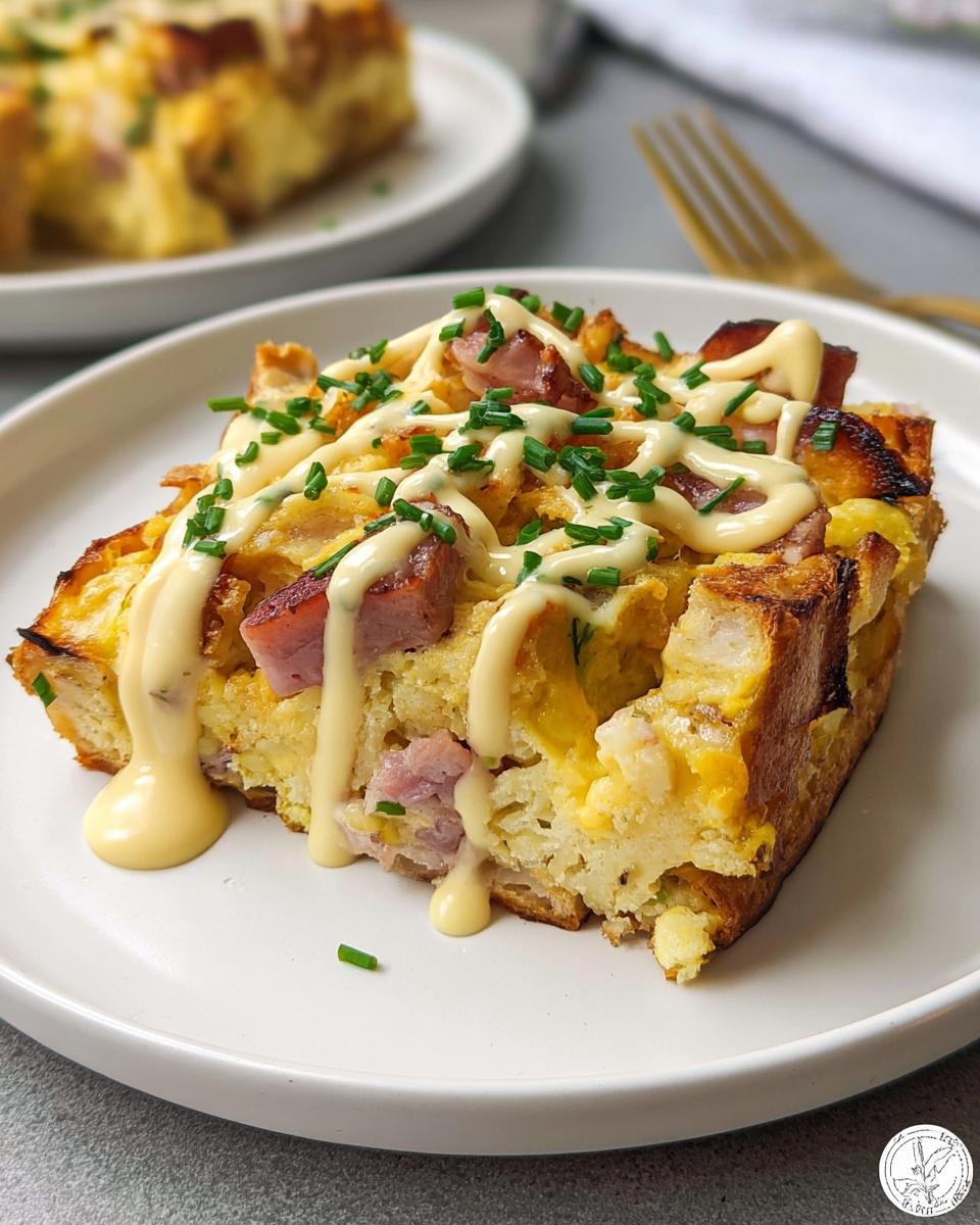 A delicious slice of Easy Eggs Benedict Casserole topped with hollandaise sauce, diced ham, and chives.