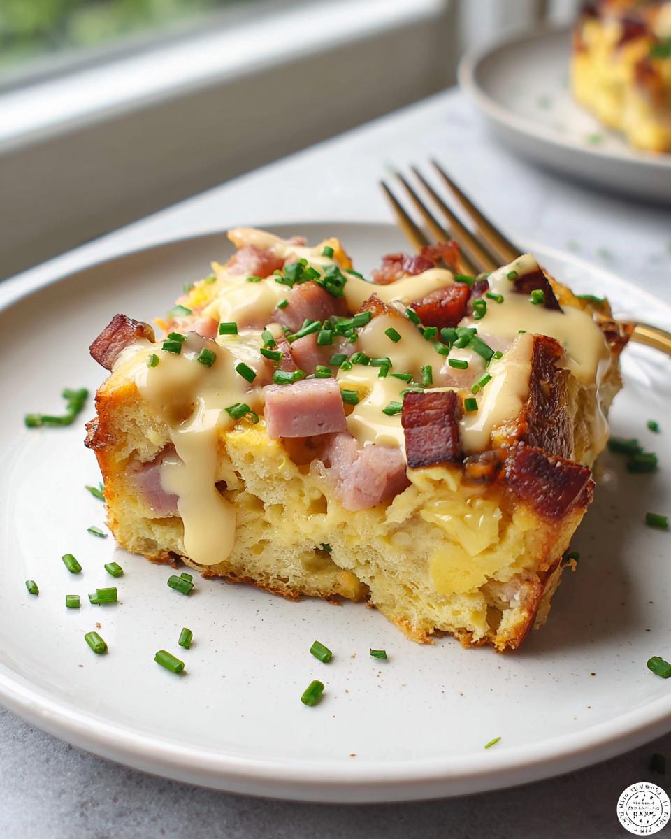 A slice of Easy Eggs Benedict Casserole topped with ham, cheese sauce, and chives.
