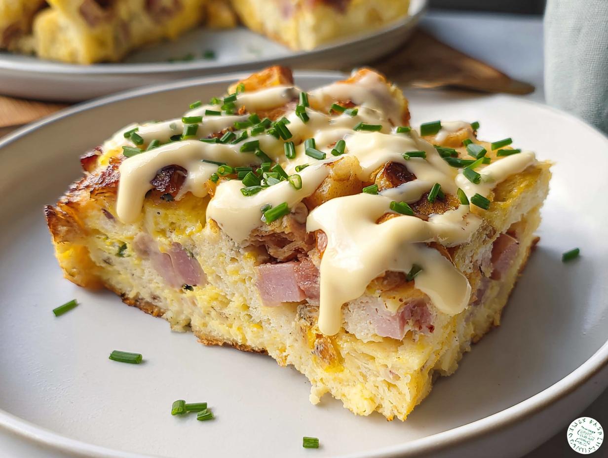 A delicious slice of Easy Eggs Benedict Casserole topped with creamy sauce and chives.