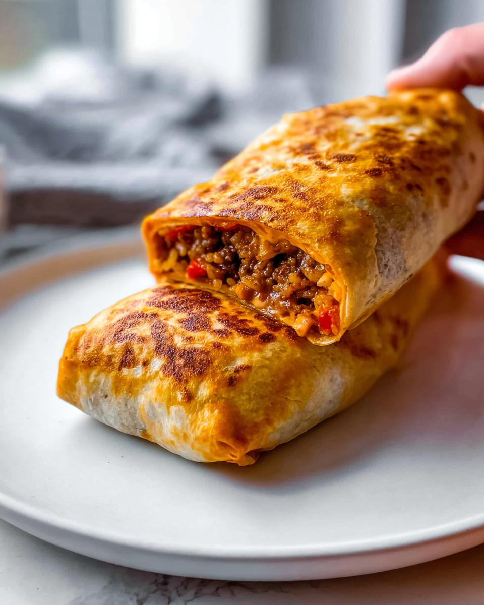 A close-up of a grilled cheese burrito cut in half, revealing seasoned ground beef, rice, and red peppers inside.