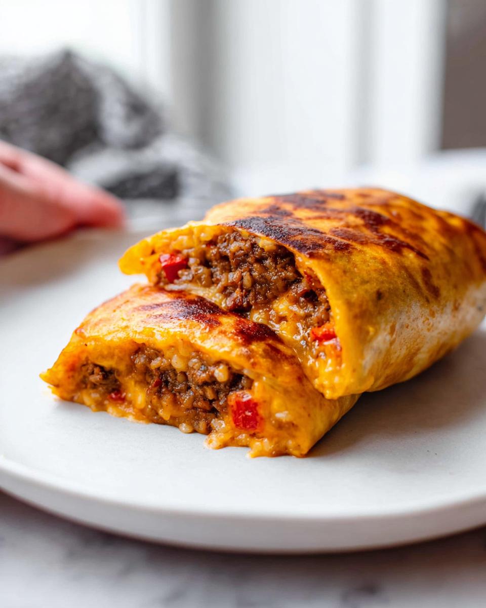 A close-up of a halved Easy Grilled Cheese Burrito Copycat Recipe, showing the savory meat and cheese filling.