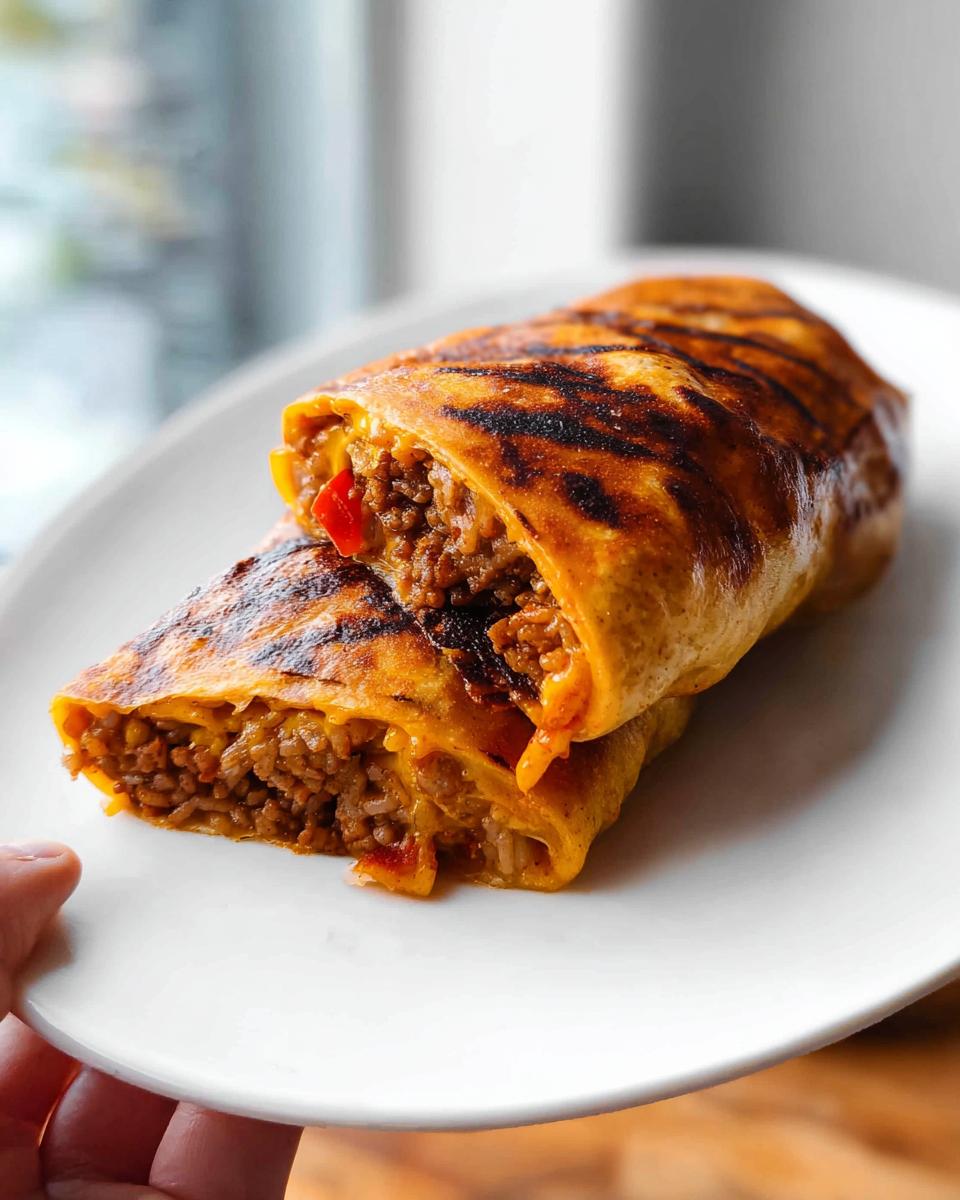 Close-up of a grilled cheese burrito copycat recipe, cut in half, showing the savory filling.