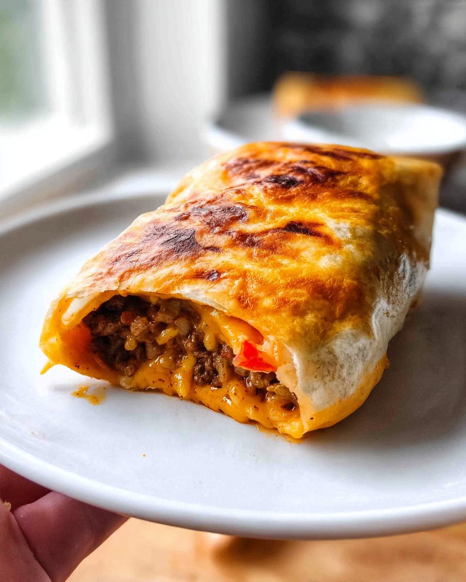 A close-up of a grilled cheese burrito copycat recipe, showing the golden-brown tortilla and cheesy, meaty filling.