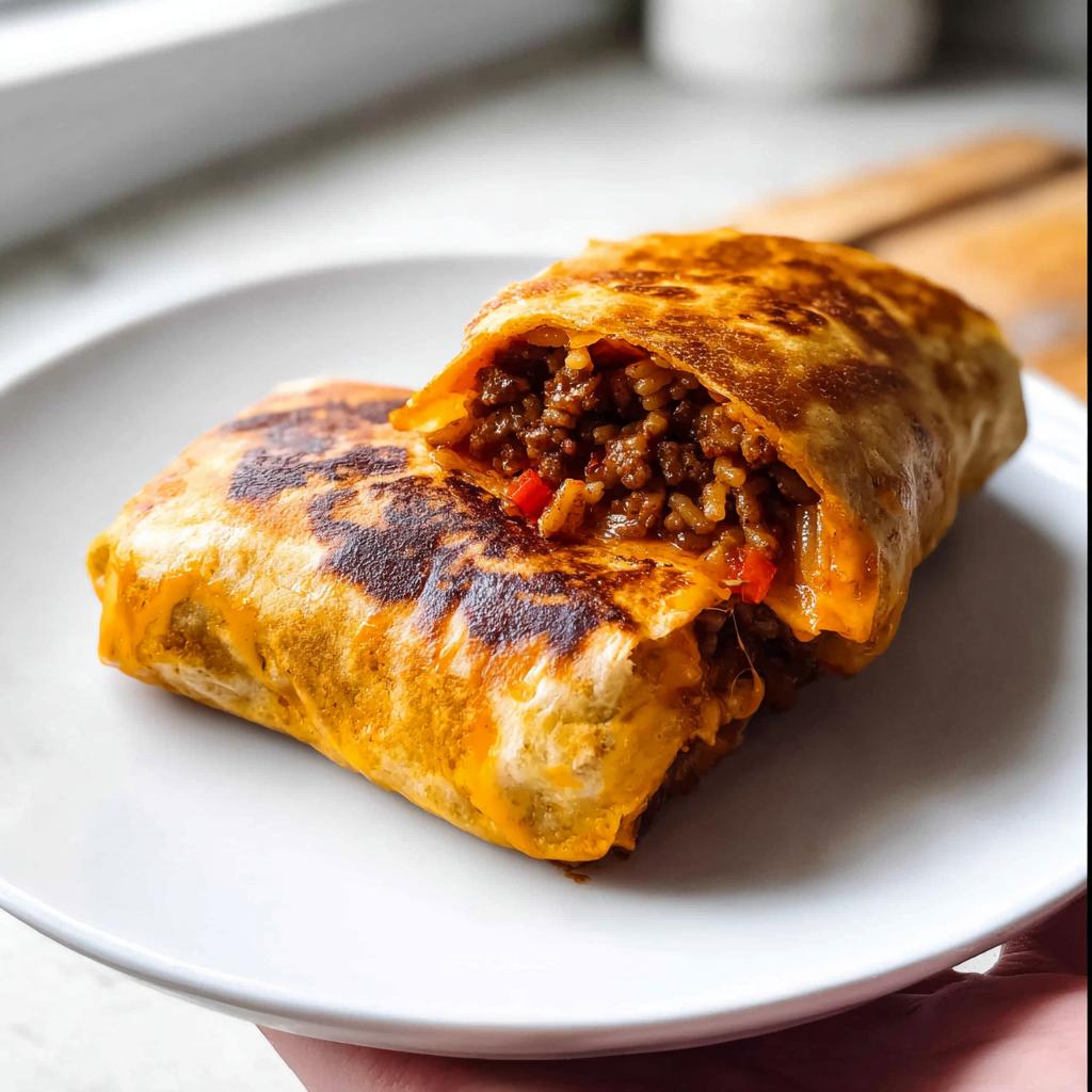 A delicious Easy Grilled Cheese Burrito Copycat Recipe, cut in half to show the savory meat and rice filling.