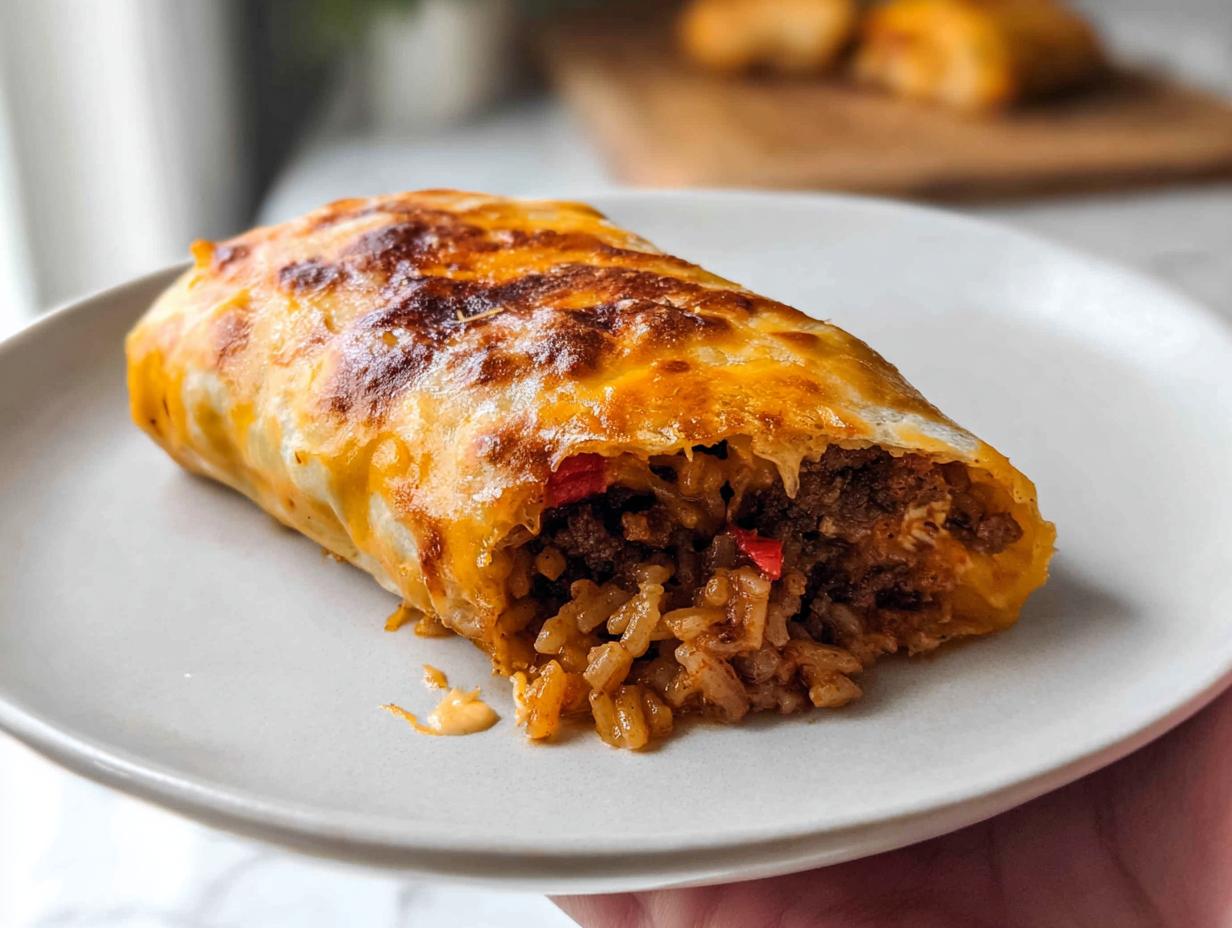 A close-up of an Easy Grilled Cheese Burrito Copycat Recipe, showing the cheesy, golden-brown tortilla filled with seasoned rice and ground meat.