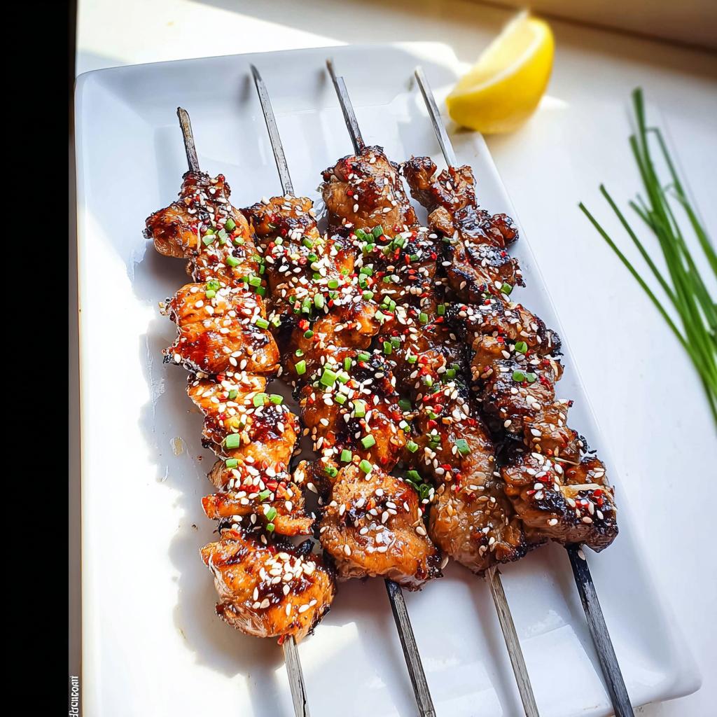 Close-up of Easy Japanese Chicken Yakitori Skewers glazed with sauce and sprinkled with sesame seeds and chives.