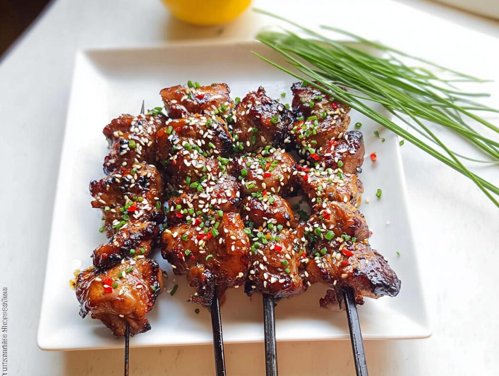 A plate of glistening Easy Japanese Chicken Yakitori Skewers, sprinkled with sesame seeds and chives.