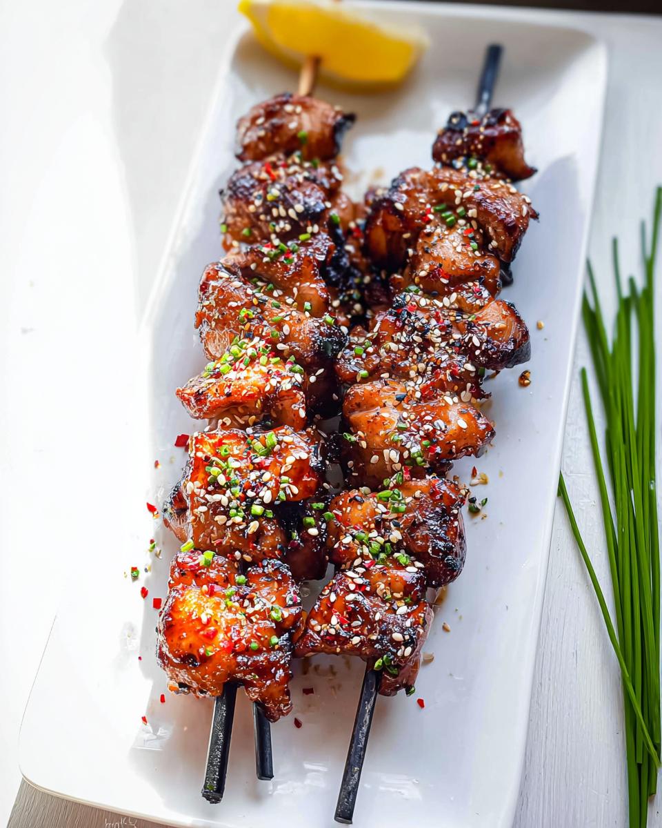 Close-up of Easy Japanese Chicken Yakitori Skewers glazed with sauce and sprinkled with sesame seeds and chili flakes.