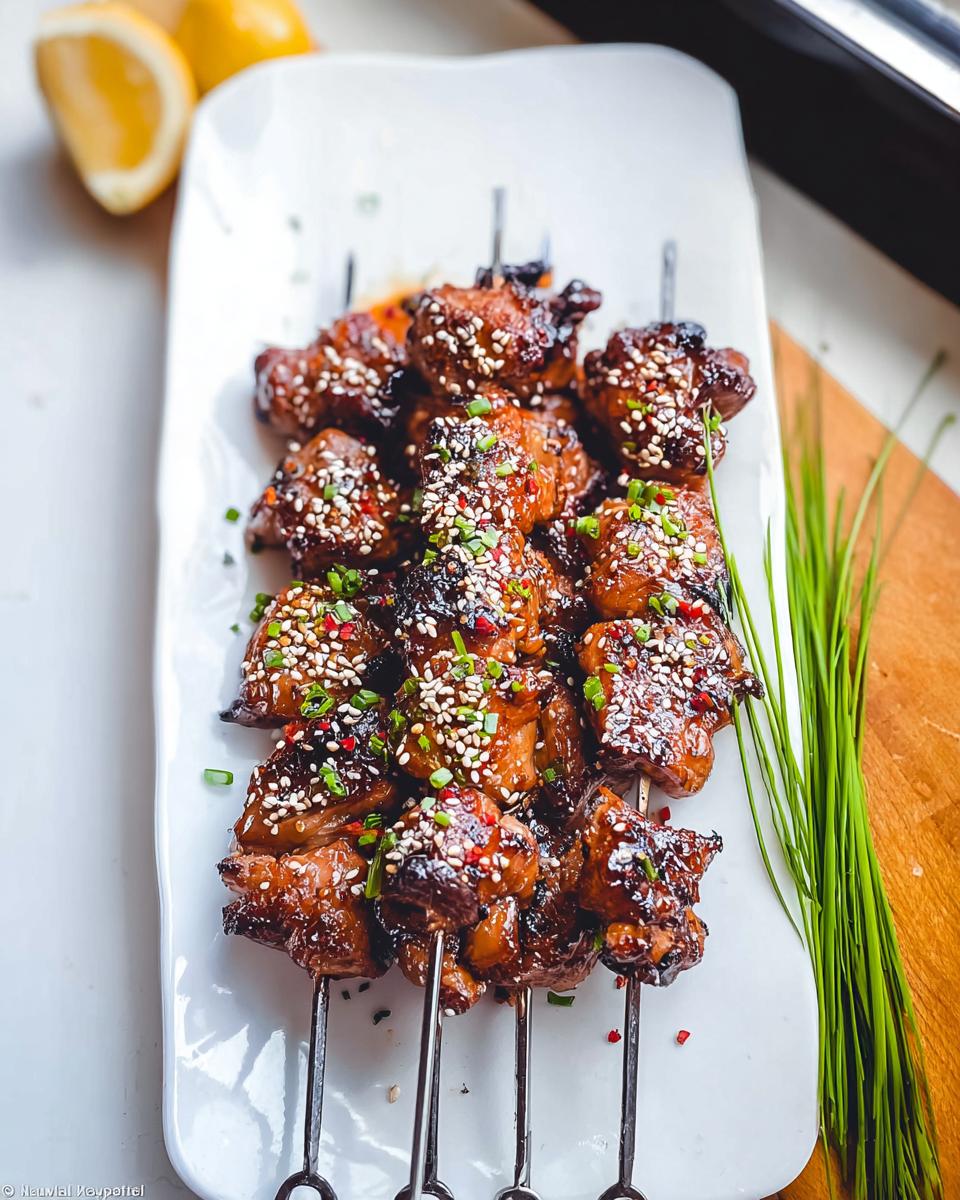 Close-up of delicious Easy Japanese Chicken Yakitori Skewers, glazed and sprinkled with sesame seeds and chili flakes.