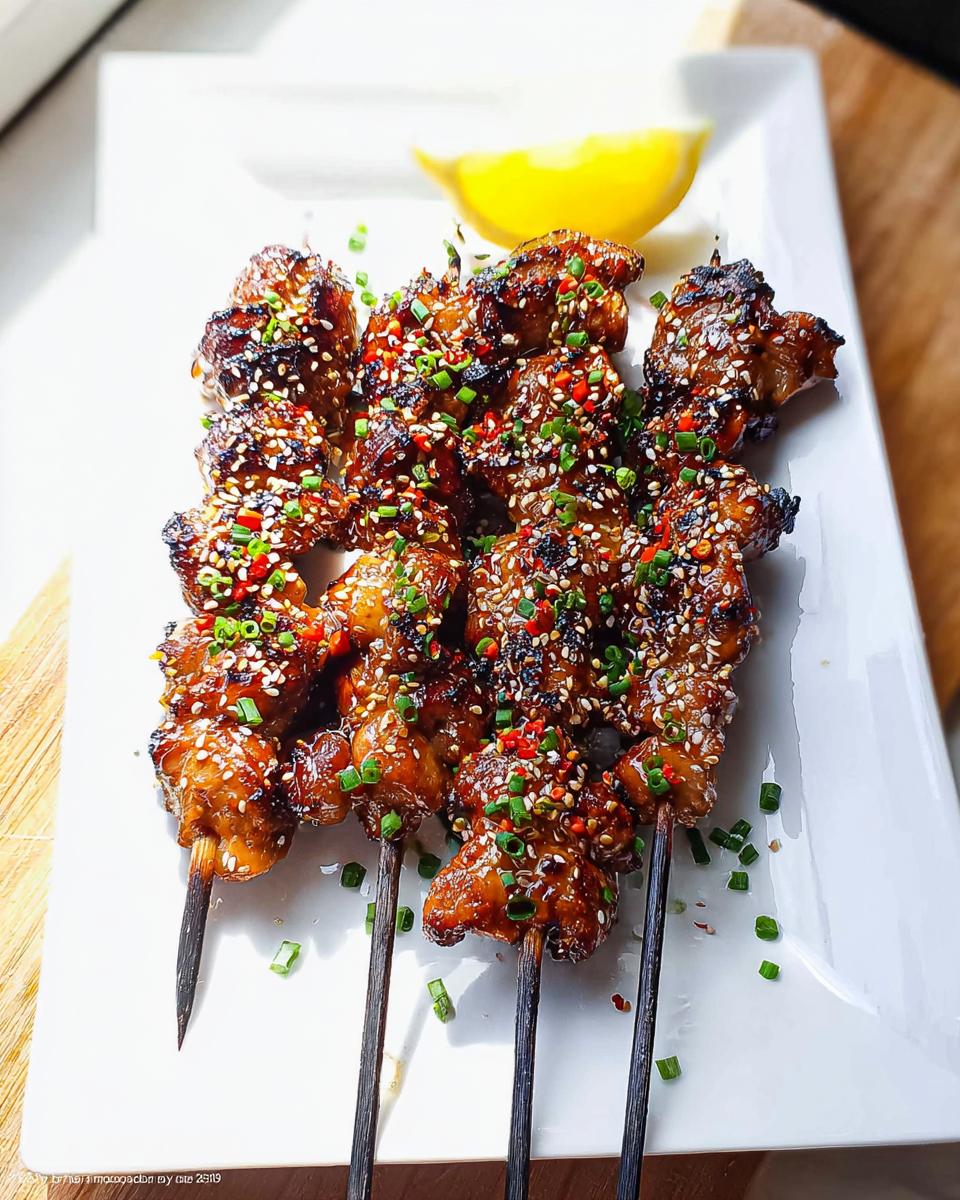 A plate of Easy Japanese Chicken Yakitori Skewers, glazed and sprinkled with sesame seeds and chili flakes.