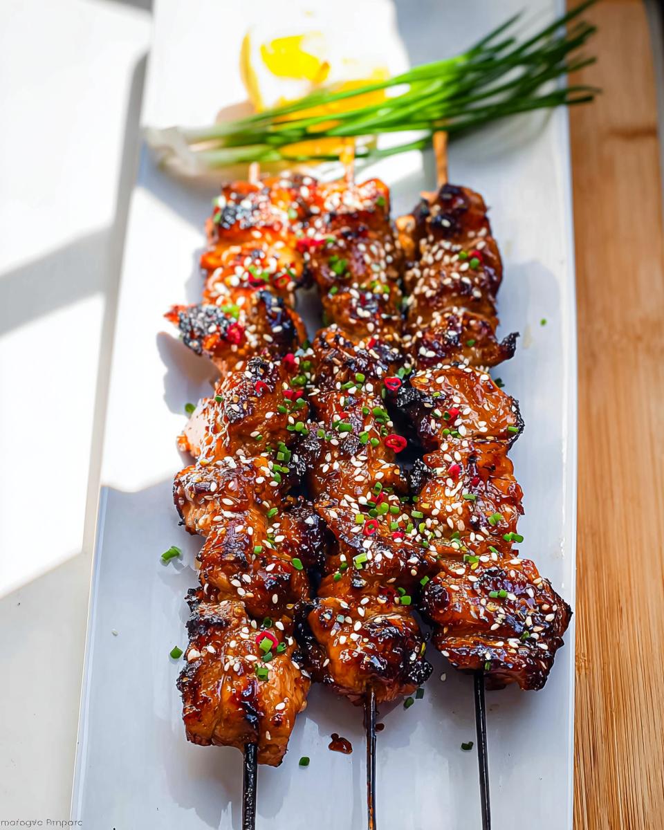 Close-up of delicious Easy Japanese Chicken Yakitori Skewers, glazed and sprinkled with sesame seeds and chili flakes.