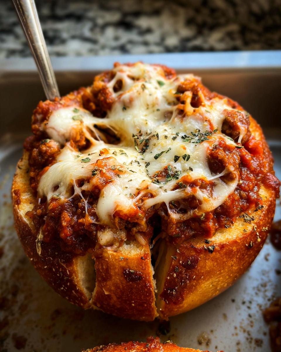 A close-up of an Easy Spaghetti Garlic Bread Bowl, filled with spaghetti and topped with melted cheese and herbs.