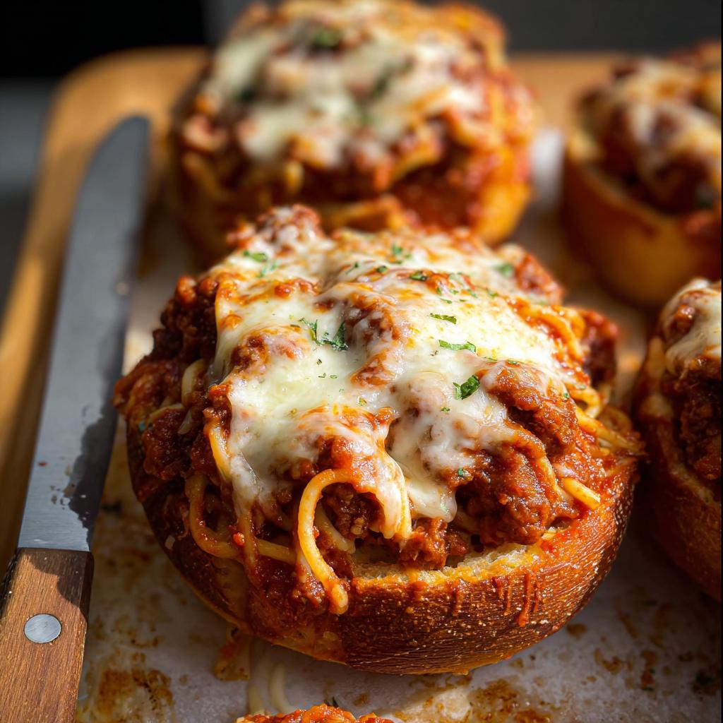 Close-up of an Easy Spaghetti Garlic Bread Bowl overflowing with spaghetti and topped with melted cheese and herbs.