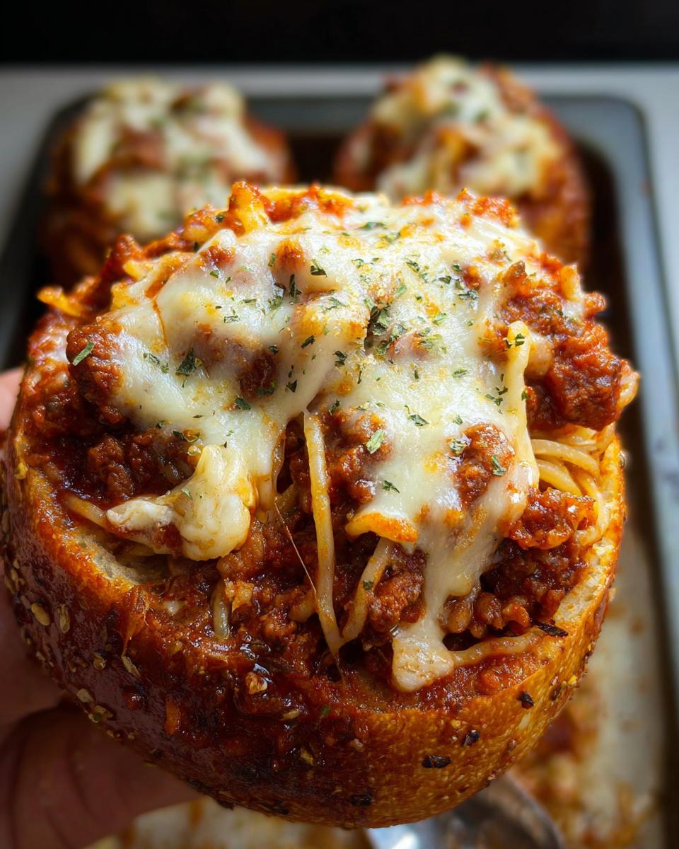 A close-up of an Easy Spaghetti Garlic Bread Bowl overflowing with spaghetti and meat sauce, topped with melted mozzarella cheese.