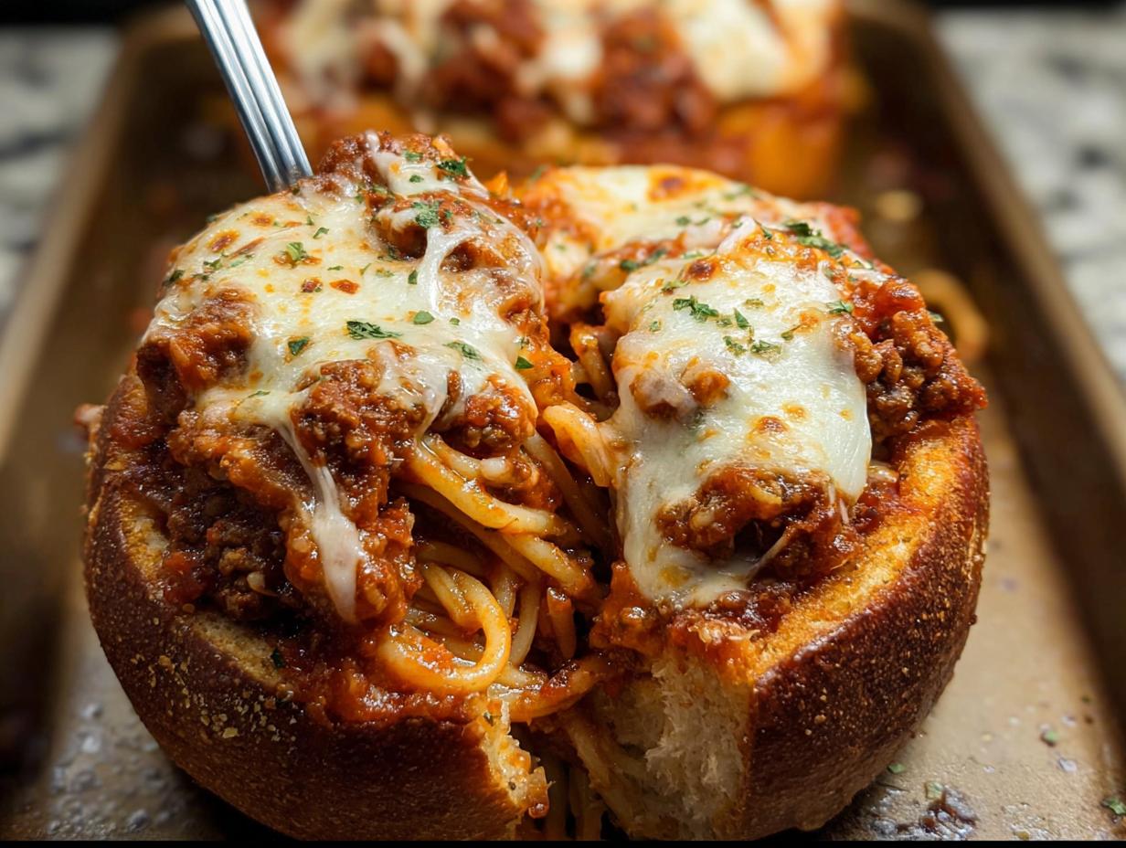 A close-up of an Easy Spaghetti Garlic Bread Bowl overflowing with spaghetti, meat sauce, and melted cheese, with a fork lifting some out.