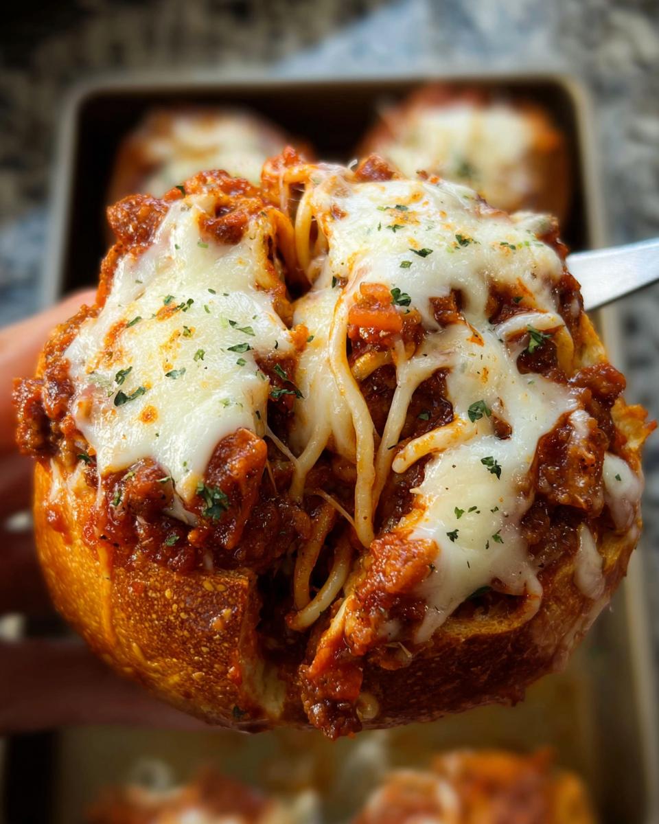 A close-up of an Easy Spaghetti Garlic Bread Bowl overflowing with spaghetti, meat sauce, and melted cheese.