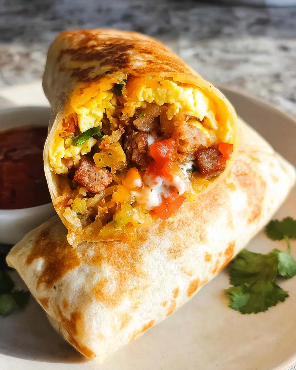 A close-up of a delicious freezer breakfast burrito, split open to reveal scrambled eggs, sausage, cheese, and salsa.