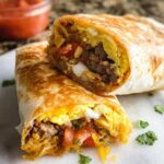 A close-up of two halves of an Effortless & Tasty Freezer Breakfast Burrito, showing scrambled eggs, sausage, cheese, and salsa.