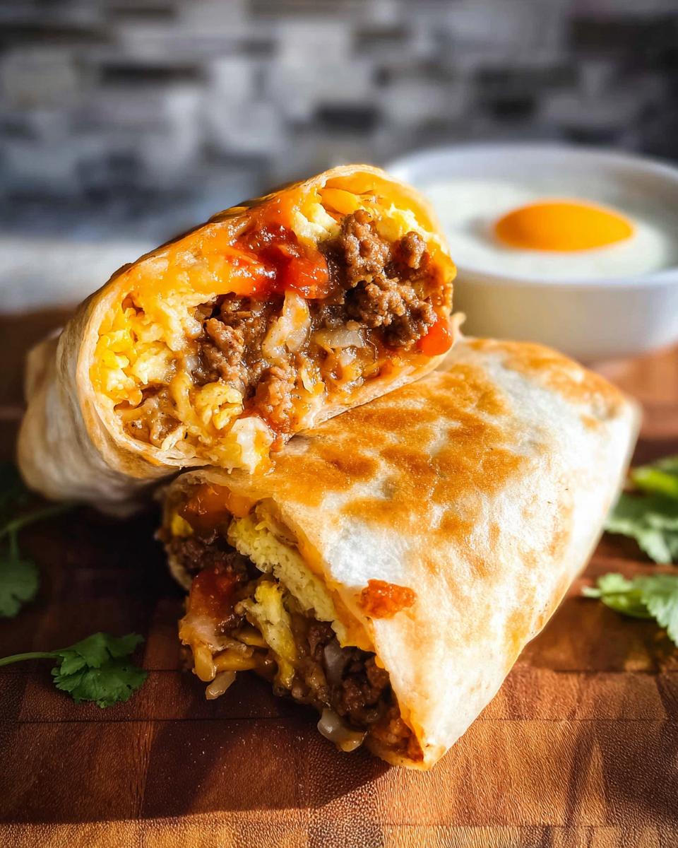 A halved Effortless & Tasty Freezer Breakfast Burrito filled with scrambled eggs, seasoned ground beef, cheese, and salsa.