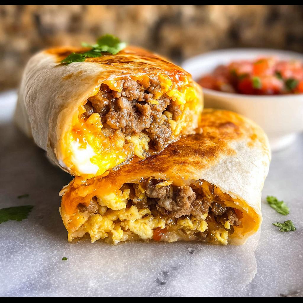 Close-up of two halves of an Effortless & Tasty Freezer Breakfast Burrito, showing scrambled eggs and seasoned ground meat.