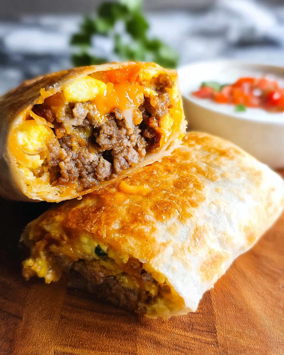 A close-up of a sliced freezer breakfast burrito filled with ground meat, scrambled eggs, and melted cheese.