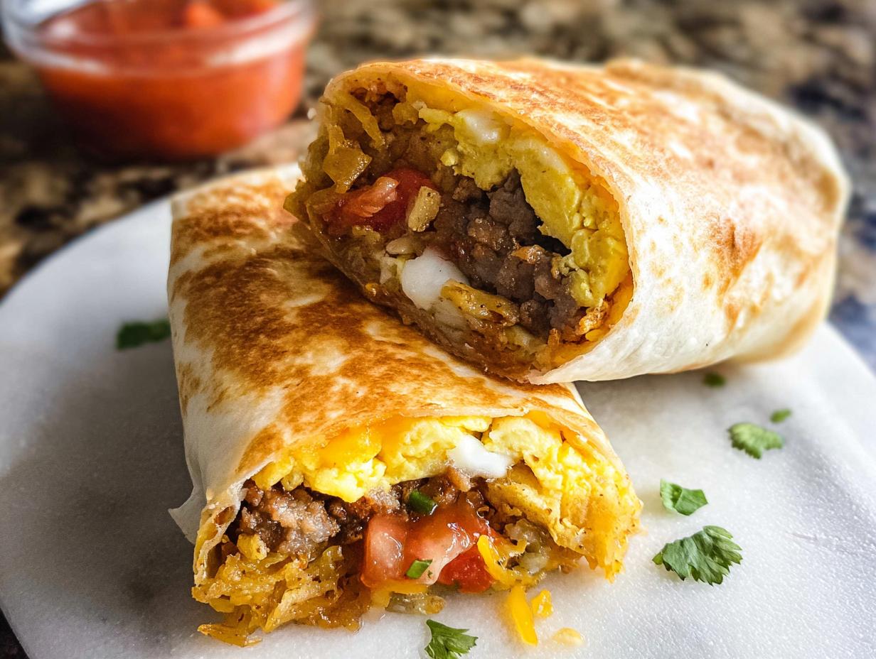 A close-up of two halves of an Effortless & Tasty Freezer Breakfast Burrito, showing scrambled eggs, sausage, cheese, and salsa.