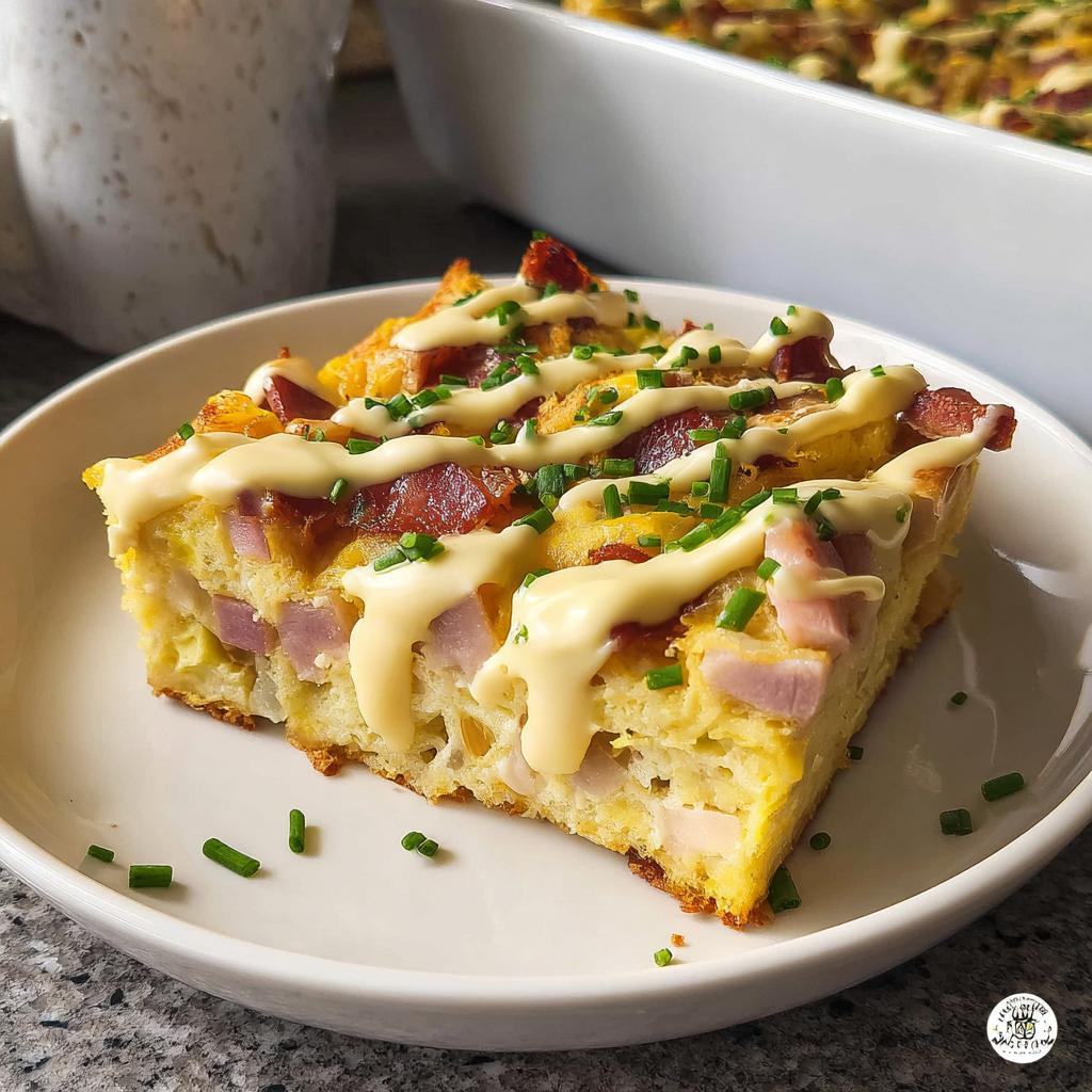 A delicious slice of Easy Eggs Benedict Casserole topped with bacon, hollandaise sauce, and chives.