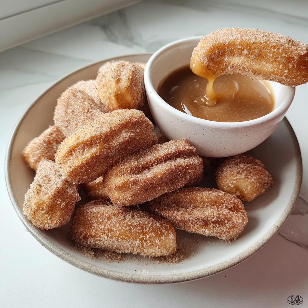 A plate full of fluffy air fryer churro bites, coated in cinnamon sugar, with one bite being dipped into a caramel sauce.