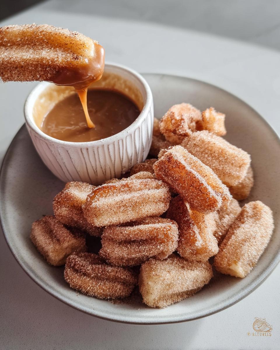 A bowl of fluffy air fryer churro bites, with one bite being dipped into a caramel sauce.