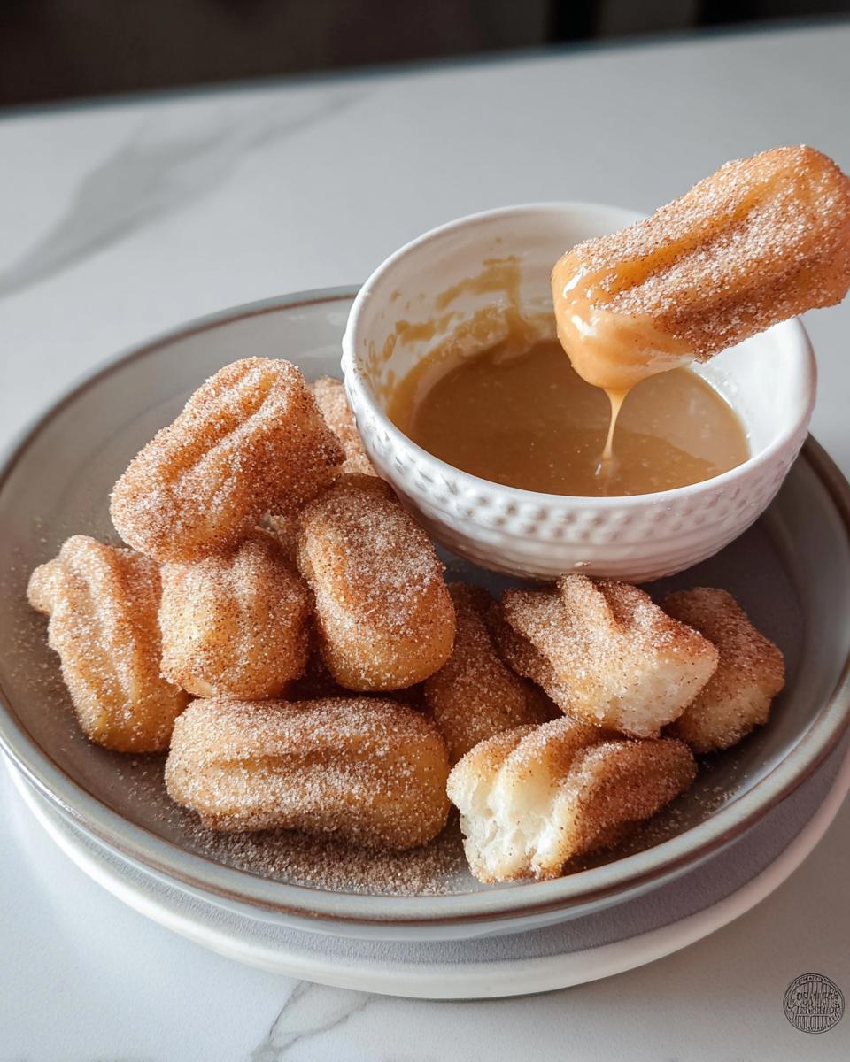 A plate of fluffy air fryer churro bites coated in cinnamon sugar, with one bite being dipped into a caramel sauce.