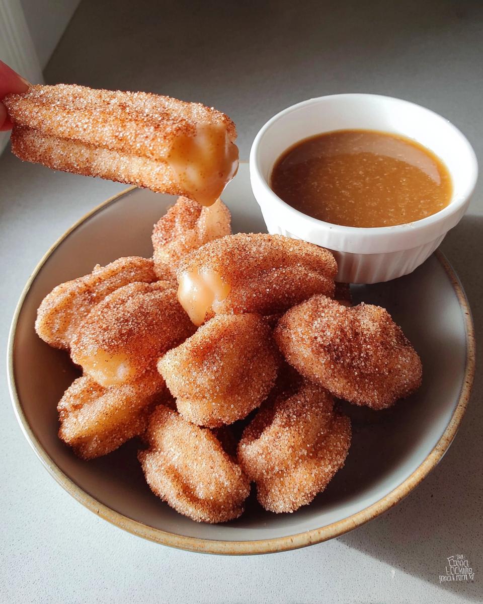 A hand dips a fluffy air fryer churro bite into a bowl of caramel sauce. The churro bites are coated in cinnamon sugar.