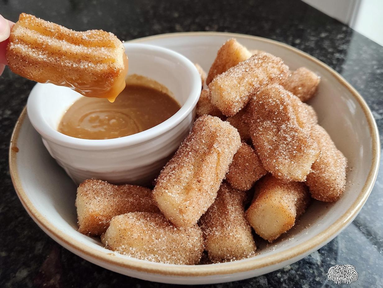 A hand dips a fluffy air fryer churro bite into a caramel sauce, with a bowl full of churro bites in the background.