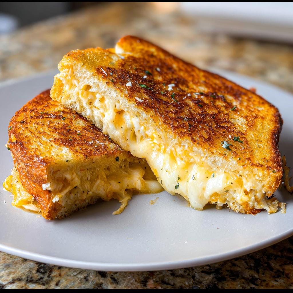 A close-up of a perfectly grilled Garlic Bread Grilled Cheese sandwich, with melted cheese oozing out.
