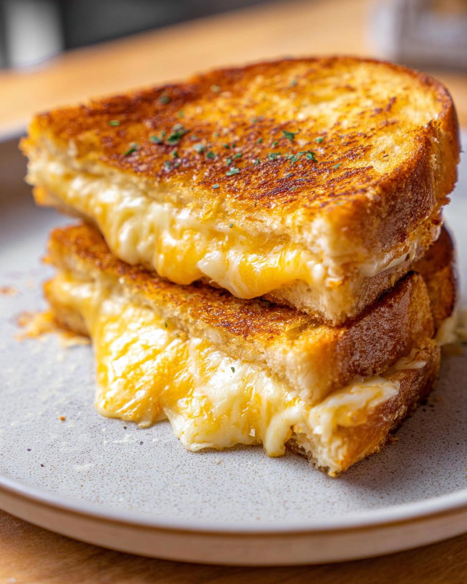 A close-up of two halves of a Garlic Bread Grilled Cheese sandwich, with gooey melted cheese oozing out.