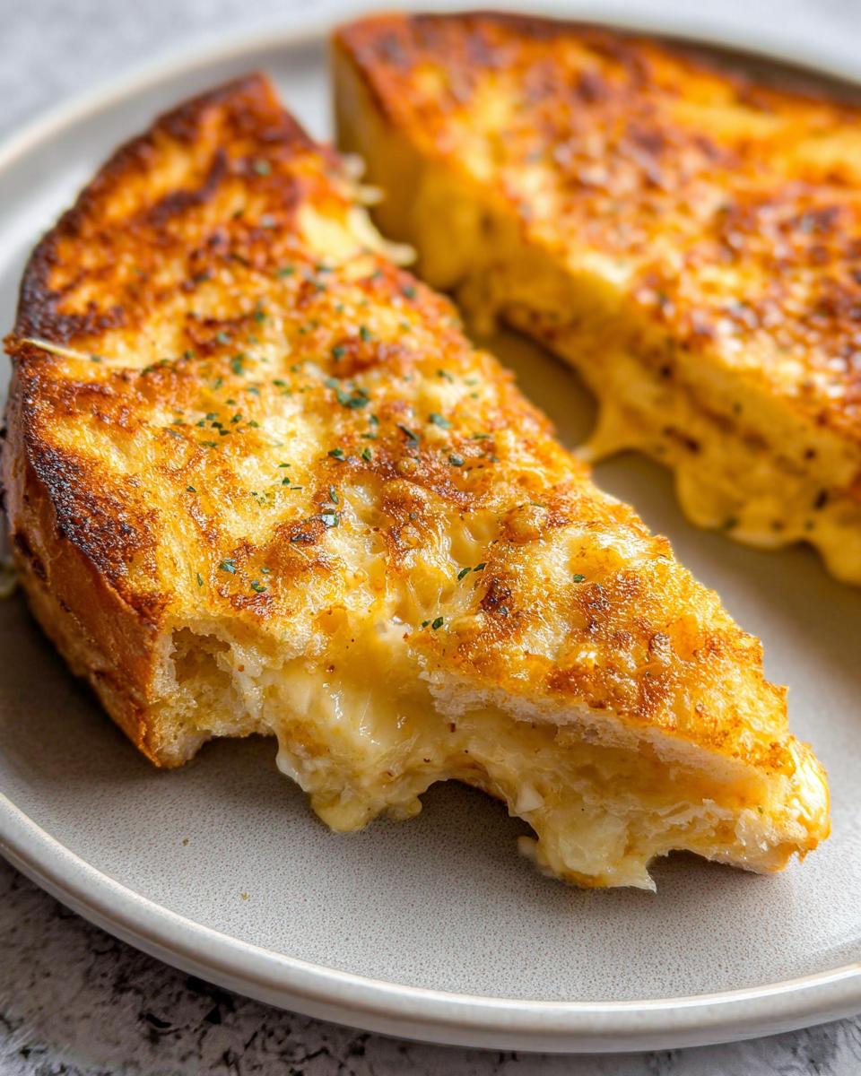 Close-up of a delicious Garlic Bread Grilled Cheese sandwich with gooey melted cheese and golden-brown toasted bread.