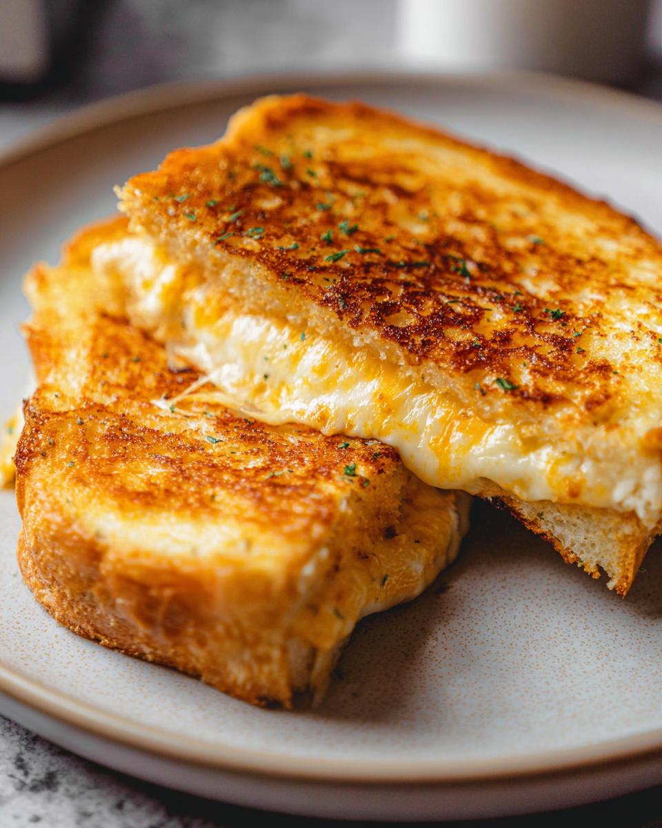 Close-up of a perfectly golden Garlic Bread Grilled Cheese sandwich, with melted cheese oozing out.