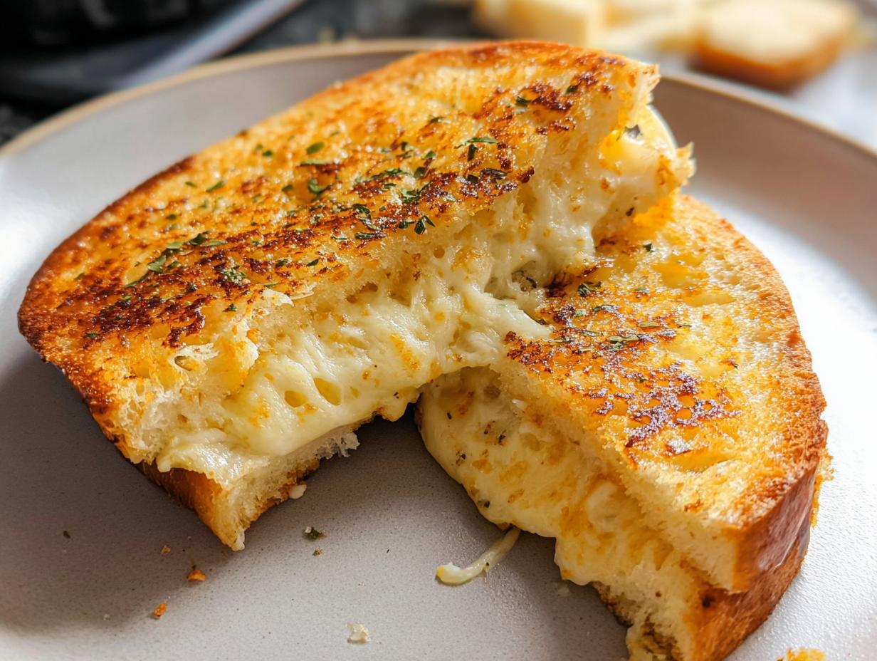 A close-up of a perfectly grilled Garlic Bread Grilled Cheese sandwich, oozing with melted cheese and sprinkled with herbs.