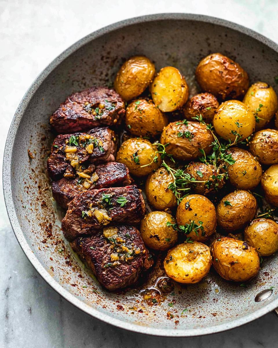 Close-up of tender steak pieces coated in garlic butter sauce next to golden roasted potatoes in a skillet.